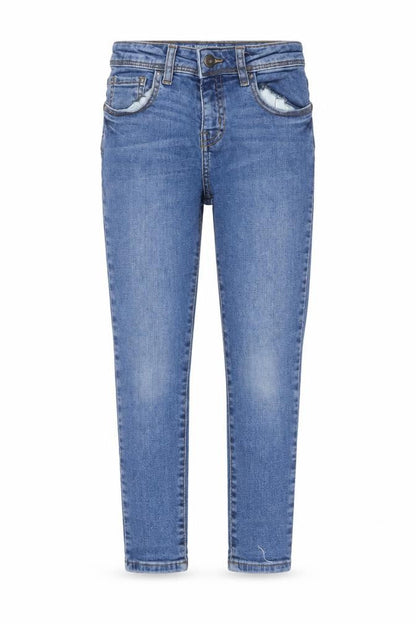 Front view of Denim & Co. girls’ blue polyester skinny jeans, size 6-7, years regular button
