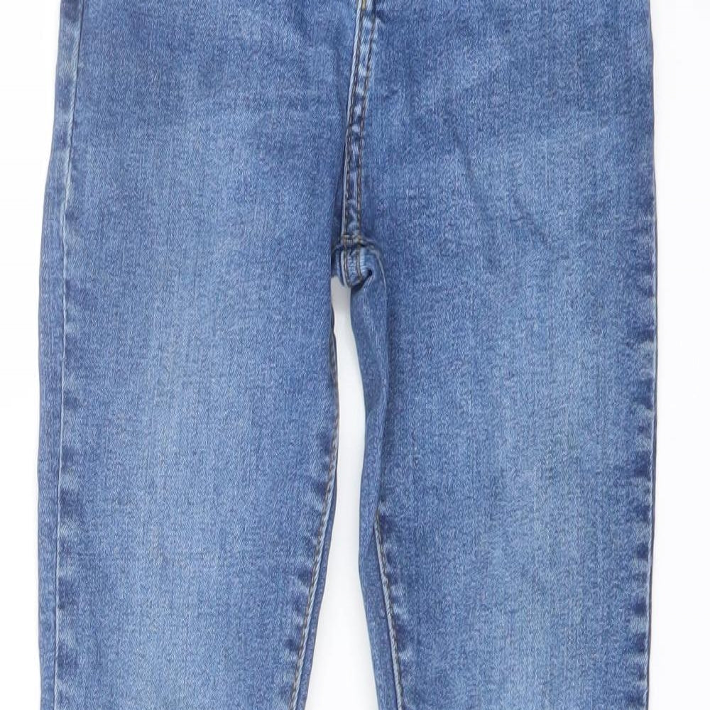 Close-up detail of Denim & Co. girls’ blue polyester skinny jeans, size 6-7, years regular button