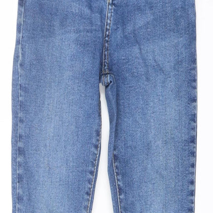 Close-up detail of Denim & Co. girls’ blue polyester skinny jeans, size 6-7, years regular button