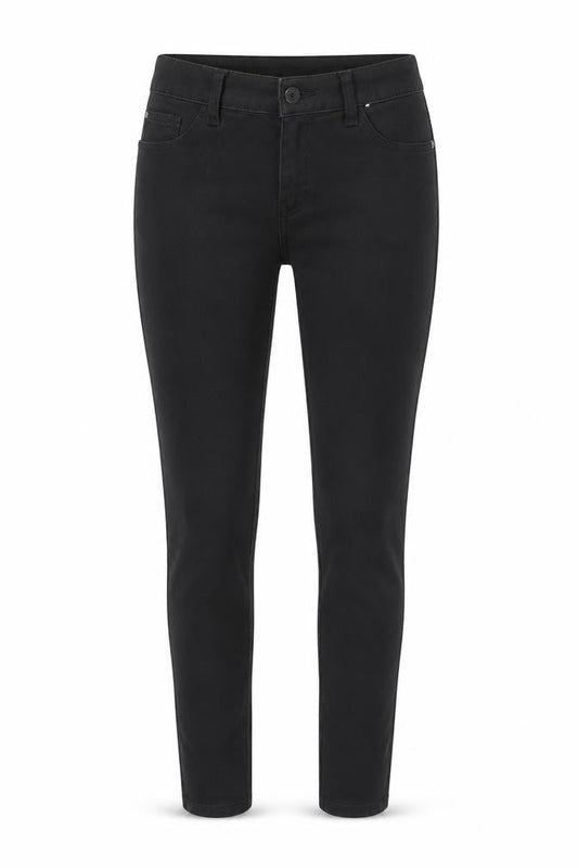 Front view of Denim & Co. women’s black cotton skinny jeans, size UK 8, 27-inch leg regular button