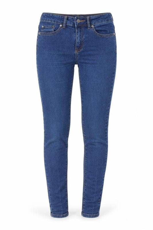 Front view of Denim & Co. women’s blue cotton skinny jeans, size UK 8, 27-inch leg regular button