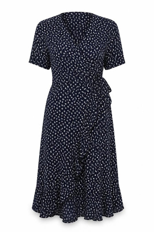 Alice Collins Womens Blue Floral Viscose Wrap Dress Size 10 V-Neck Tie