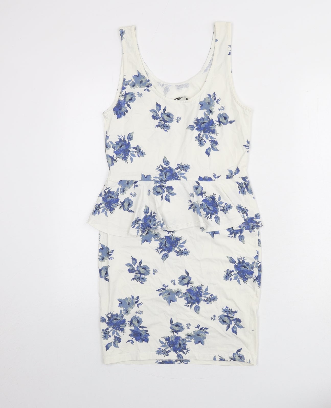 New Look Womens Ivory Floral Cotton Bodycon Size 12 Scoop Neck Pullover - Ruffle Detail