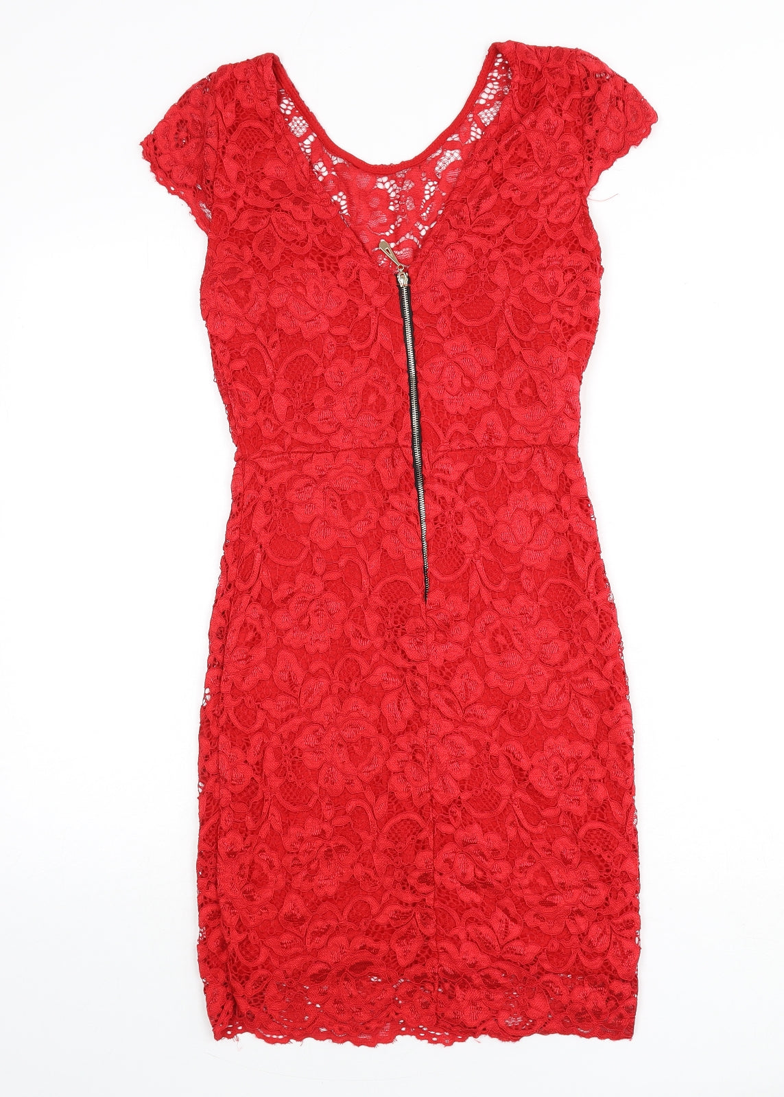 Cameo Rose Womens Red Floral Polyester Bodycon Size S Scoop Neck Zip - Lace Overlay