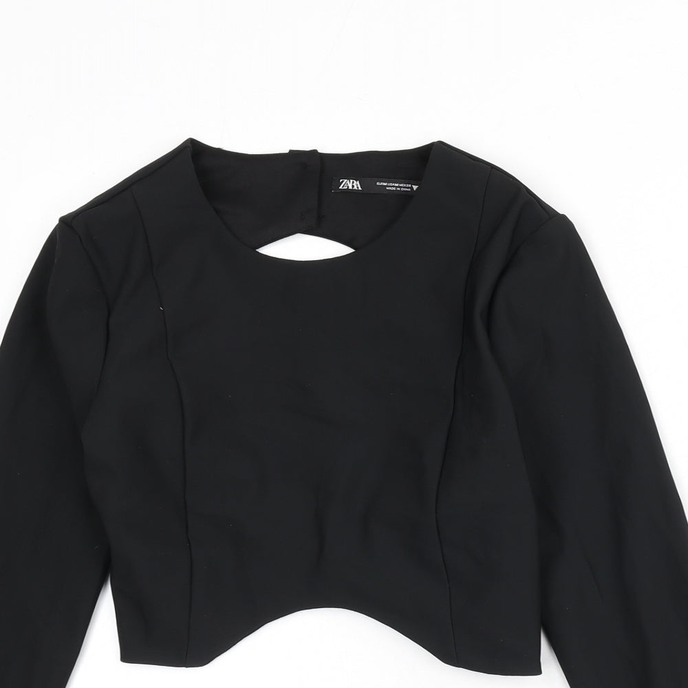 Zara Womens Black Polyester Basic T-Shirt Size M Round Neck - Tie Back, Back Cut Out