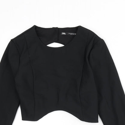 Zara Womens Black Polyester Basic T-Shirt Size M Round Neck - Tie Back, Back Cut Out