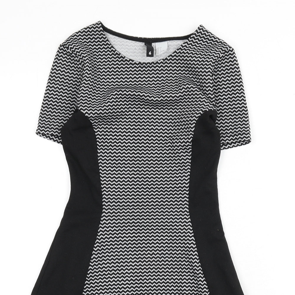 Divided by H&M Womens Black Geometric Polyester A-Line Size 6 Round Neck Pullover - Zig Zag Pattern