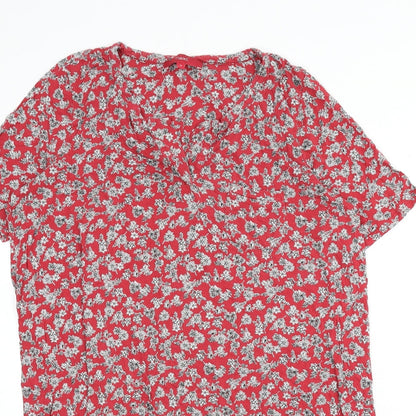 Next Womens Red Floral Viscose Sheath Size 18 V-Neck Pullover