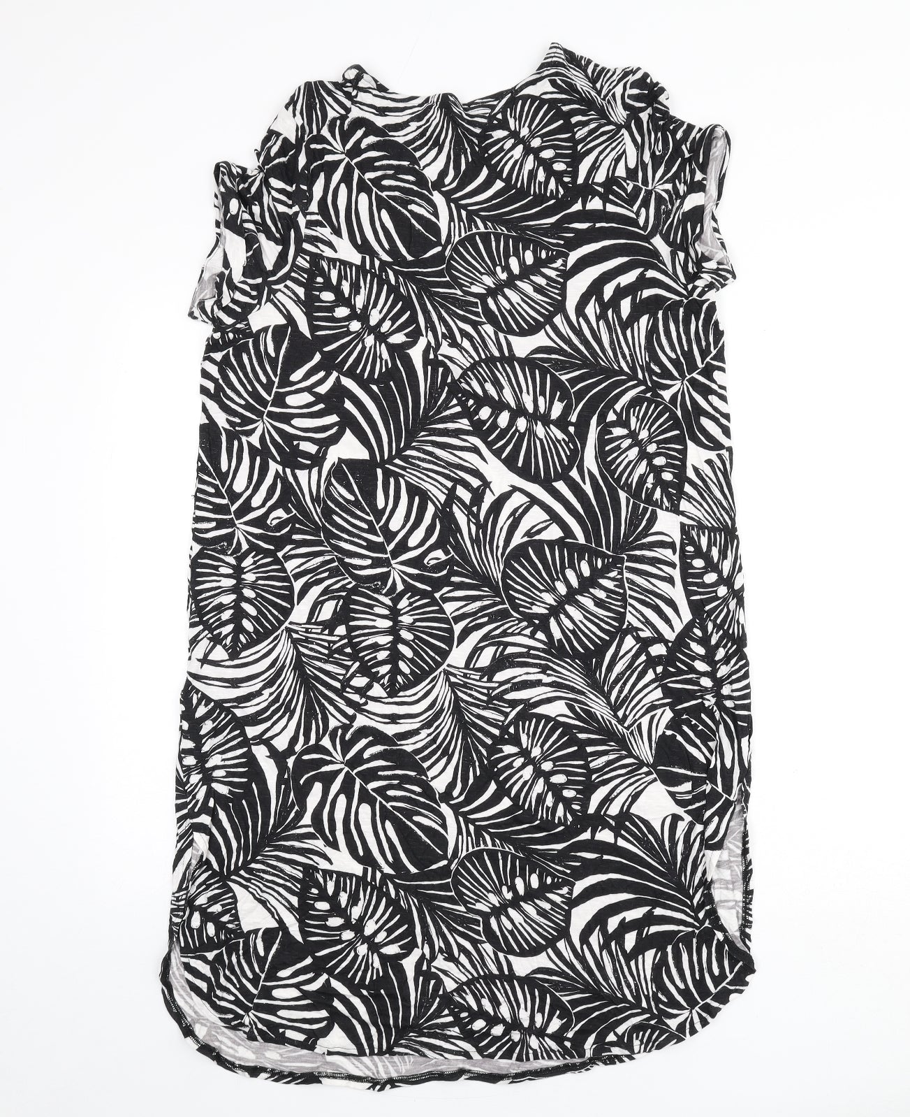 Marks and Spencer Womens Black Geometric Viscose Sheath Size 14 Round Neck Pullover - Leaf Print
