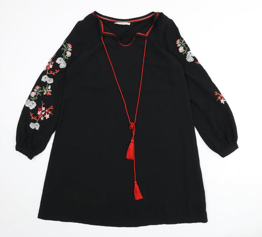 Glamorous Womens Black Polyester Sheath Size XS Round Neck Tie - Floral Embroidery