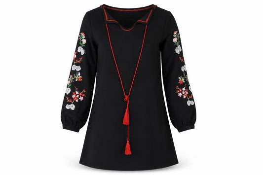 Glamorous Womens Black Polyester Sheath Size XS Round Neck Tie - Floral Embroidery