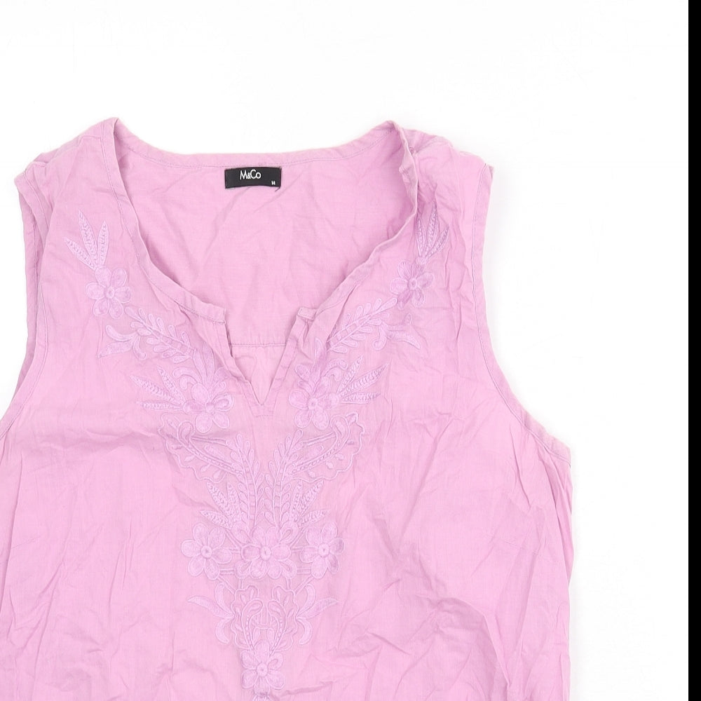 M&Co Womens Purple Cotton Basic Tank Size 14 V-Neck - Embroidered Detail