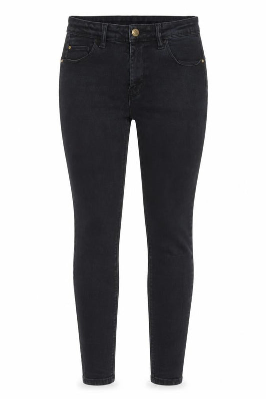 Front view of Denim & Co. women’s black cotton skinny jeans, size UK 12, 28-inch leg regular zip - pockets