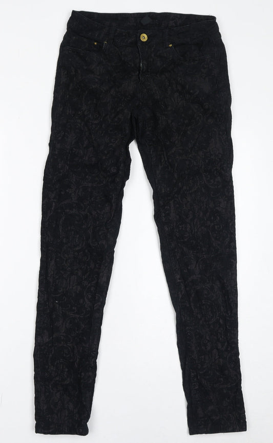 H&M Womens Black Paisley Cotton Trousers Size 8 L31 in Regular Zip
