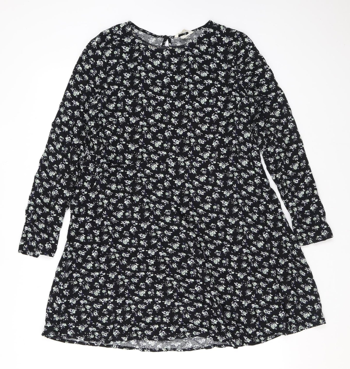 H&M Womens Black Floral Viscose A-Line Size 10 Round Neck Button