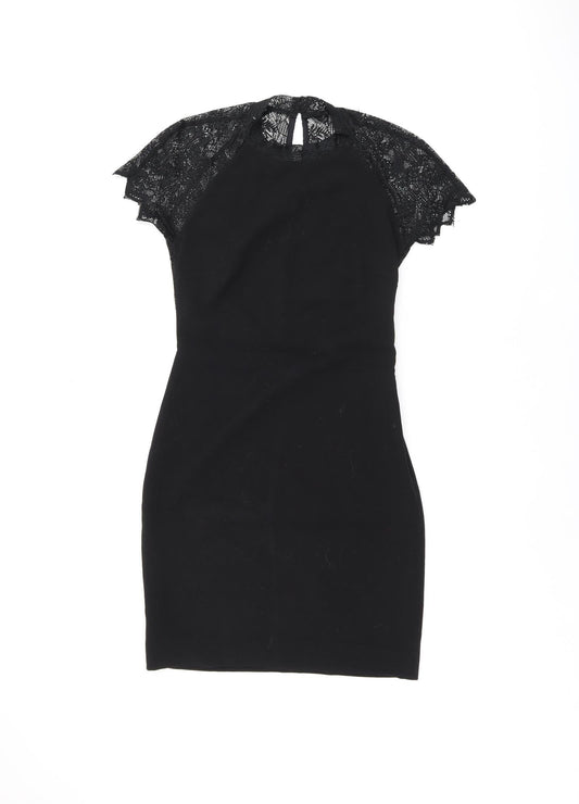 Zara Womens Black Polyester Bodycon Size S Round Neck Zip - Lace Detail