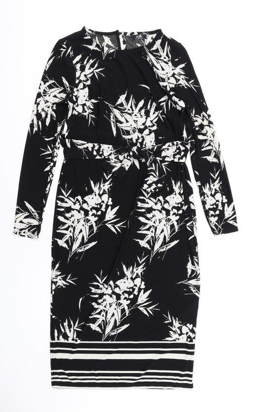 Wallis Womens Black Floral Polyester Bodycon Size 10 Round Neck Button