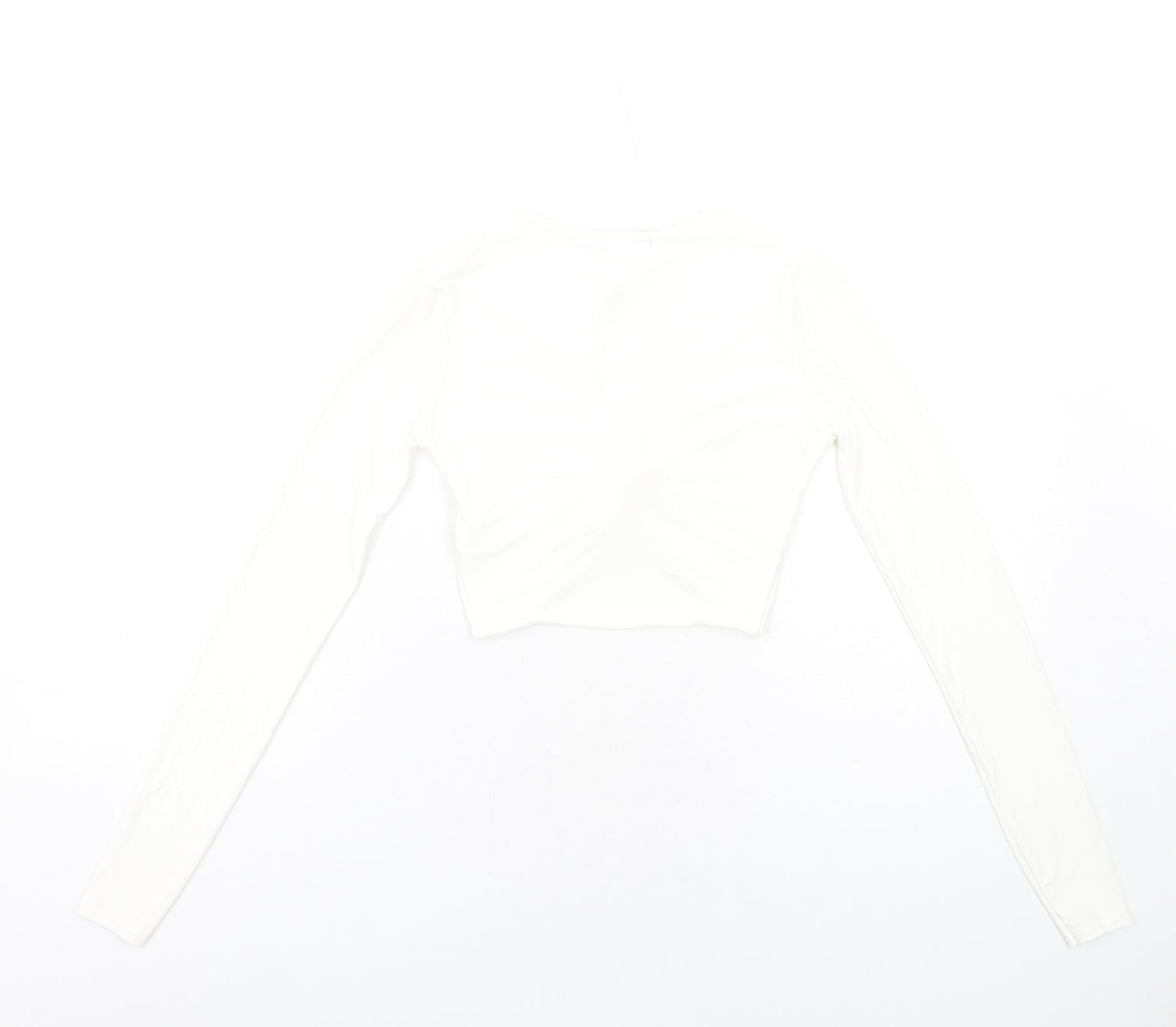 PRETTYLITTLETHING Womens Ivory Polyester Cropped T-Shirt Size 6 Round Neck - Twist Front
