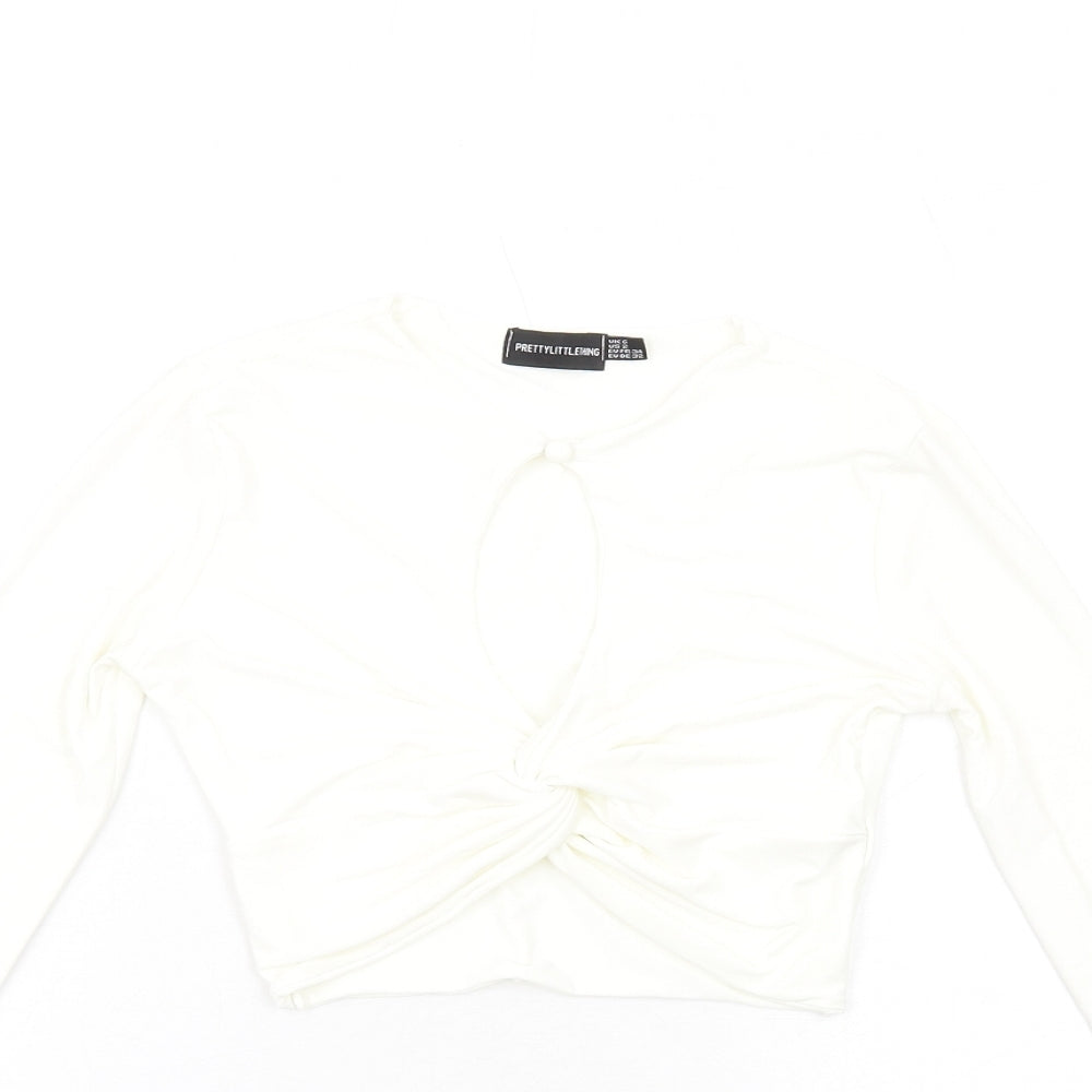 PRETTYLITTLETHING Womens Ivory Polyester Cropped T-Shirt Size 6 Round Neck - Twist Front