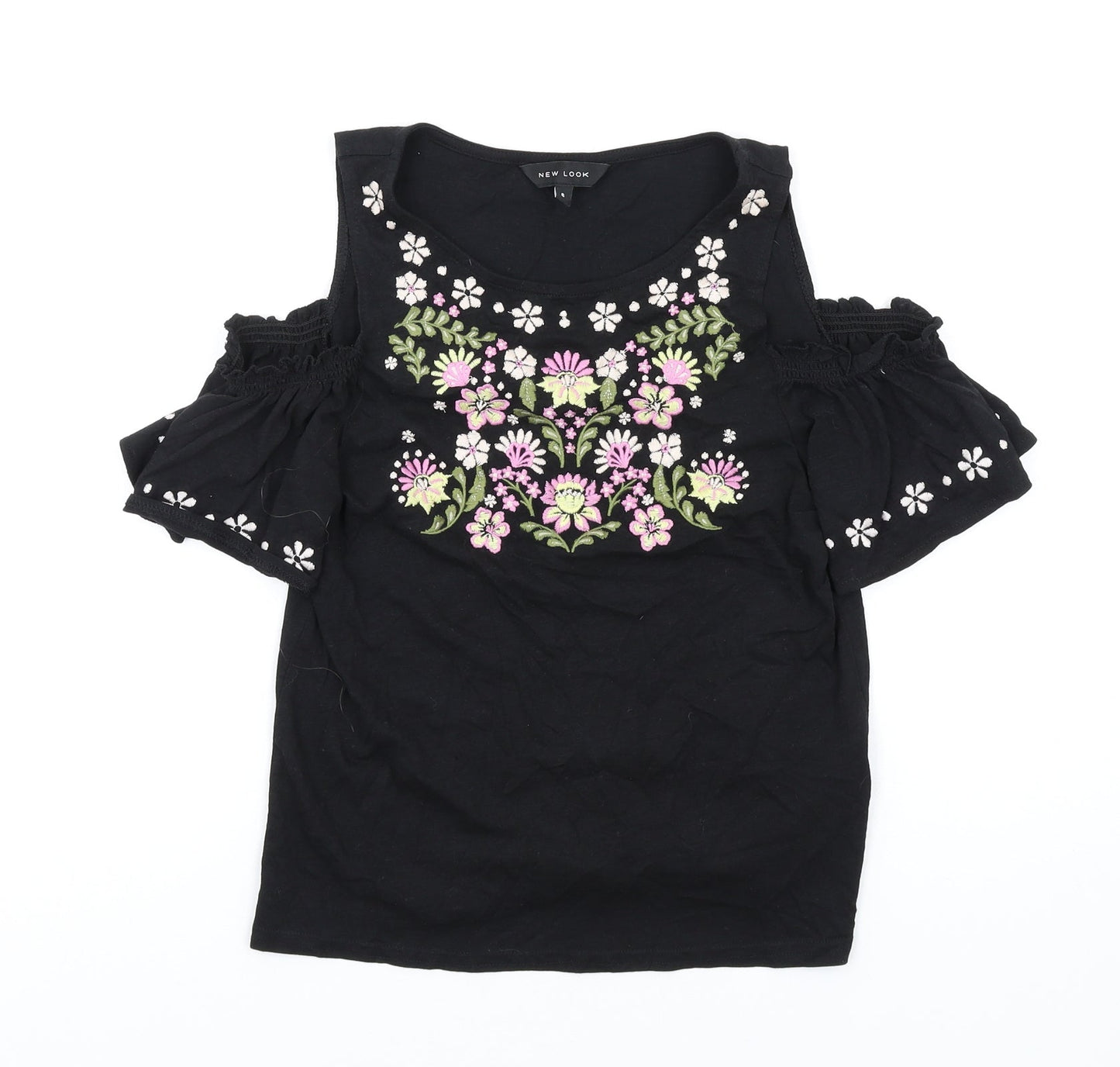 New Look Womens Black Cotton Basic T-Shirt Size 6 Round Neck - Cold Shoulder