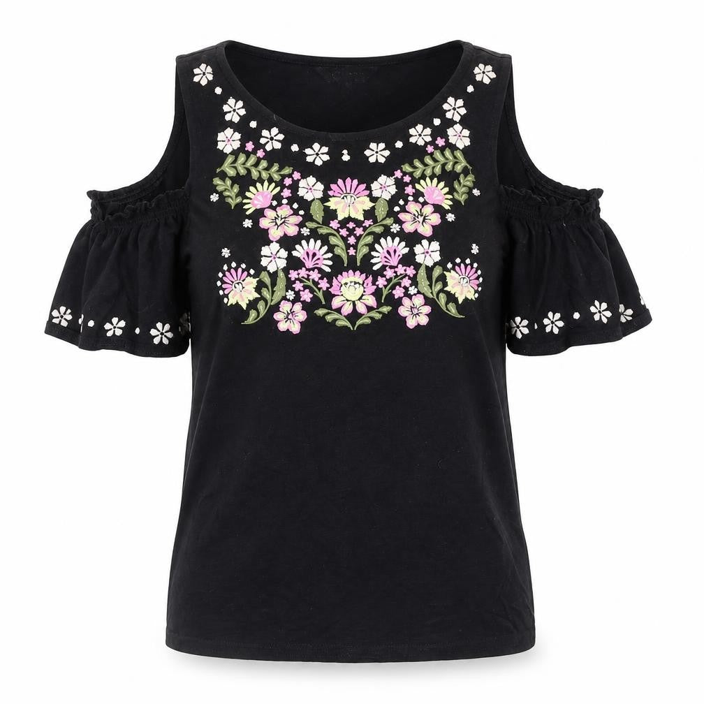 New Look Womens Black Cotton Basic T-Shirt Size 6 Round Neck - Cold Shoulder