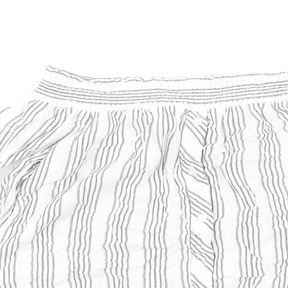 Close-up detail of Miss Selfridge women’s white striped viscose basic t-shirt, size UK 8, off the shoulder