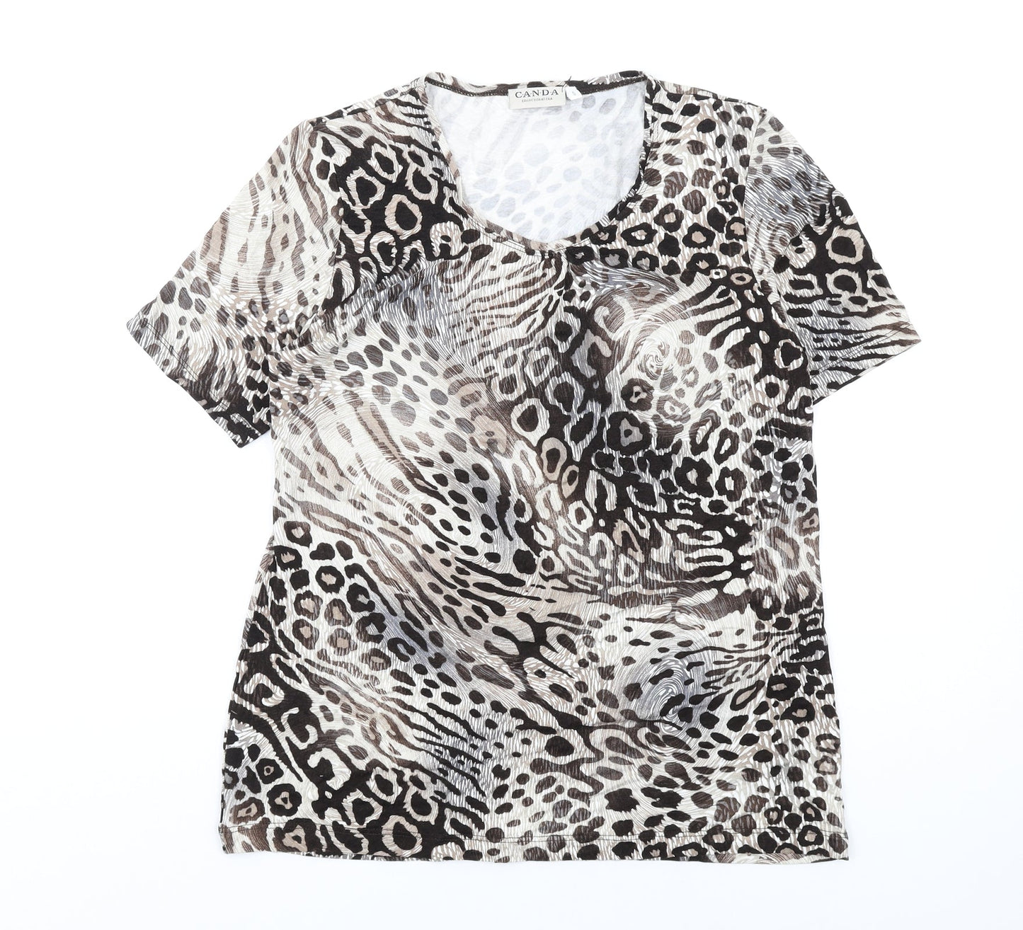 Canda Womens Beige Animal Print Viscose Basic T-Shirt Size S Round Neck - Leopard Print