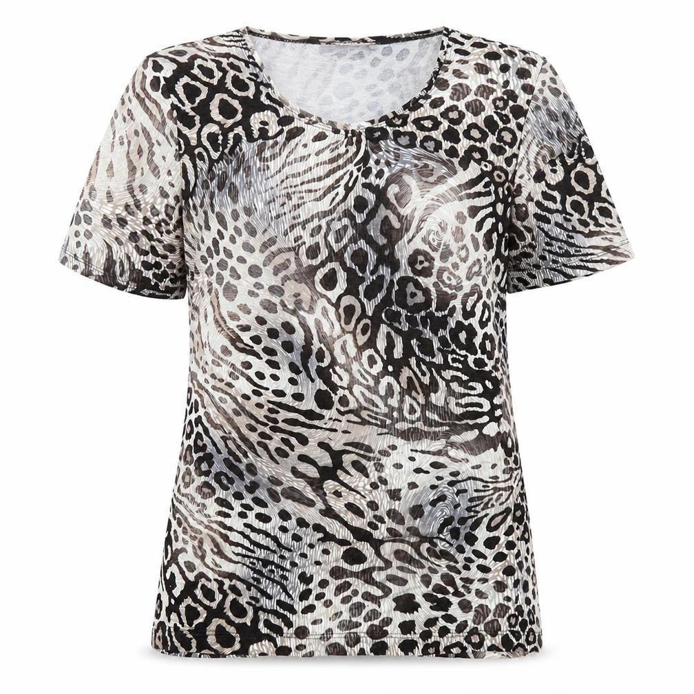 Canda Womens Beige Animal Print Viscose Basic T-Shirt Size S Round Neck - Leopard Print
