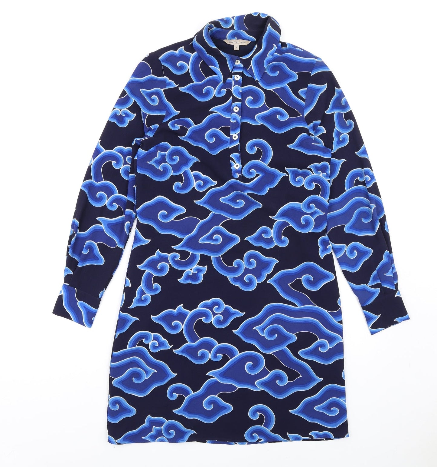 marksand Womens Blue Geometric Polyester Shirt Dress Size 8 Collared Button