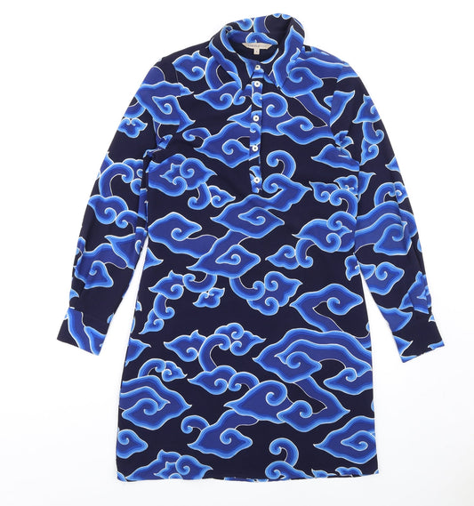 marksand Womens Blue Geometric Polyester Shirt Dress Size 8 Collared Button