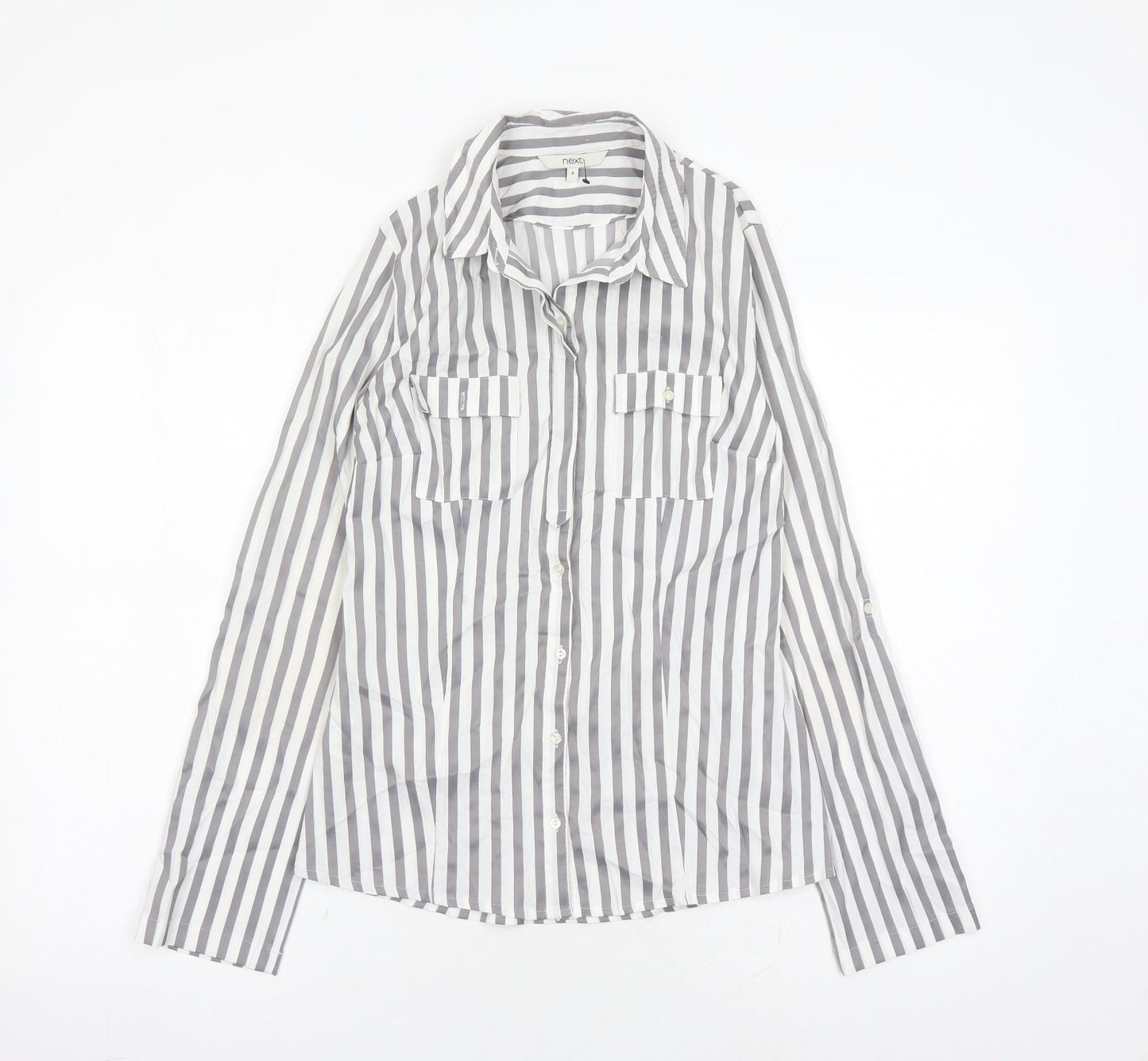 NEXT Womens Grey Striped Cotton Basic Button-Up Size 8 Collared
