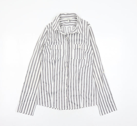 NEXT Womens Grey Striped Cotton Basic Button-Up Size 8 Collared