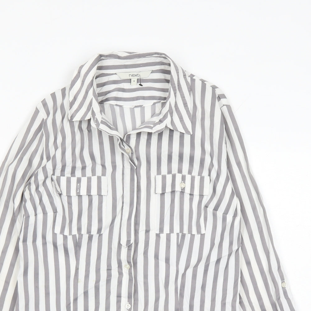 NEXT Womens Grey Striped Cotton Basic Button-Up Size 8 Collared