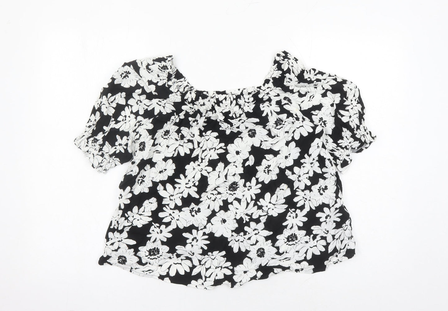 Marks and Spencer Womens Black Floral Viscose Basic Blouse Size 8 Round Neck