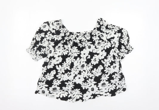 Marks and Spencer Womens Black Floral Viscose Basic Blouse Size 8 Round Neck
