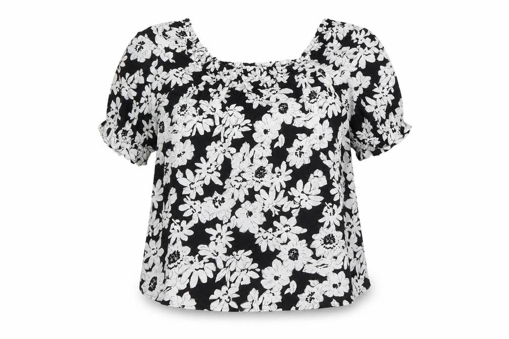 Marks & Spencer Womens Black Floral Viscose Basic Blouse Size 8 Round Neck