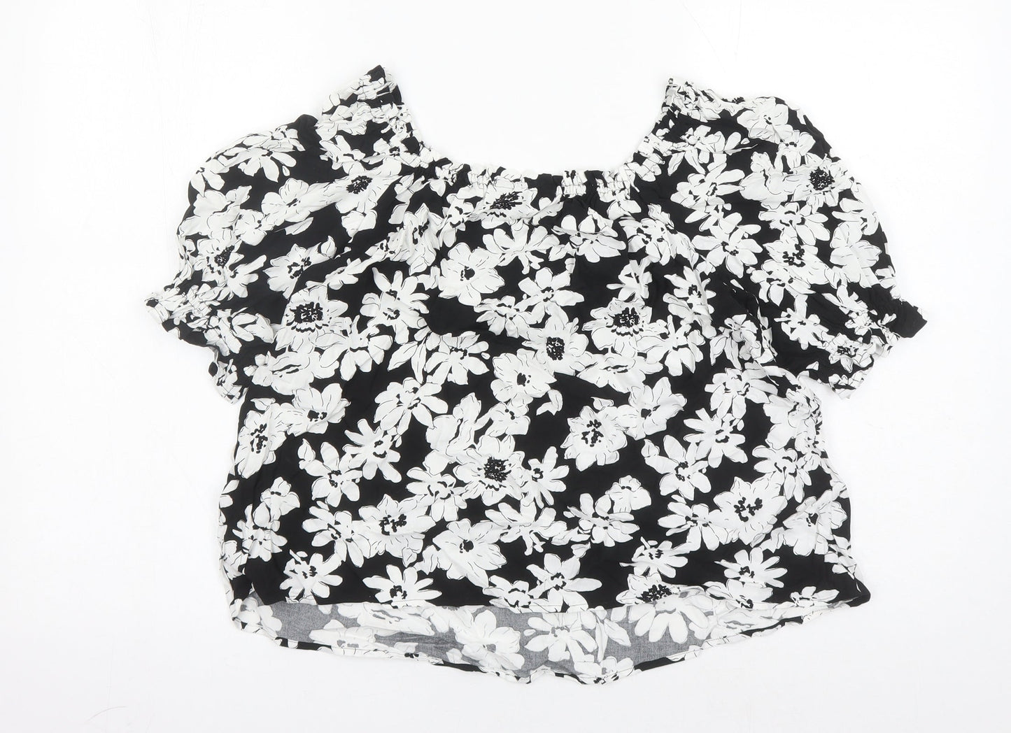 Marks and Spencer Womens Black Floral Viscose Basic Blouse Size 8 Round Neck