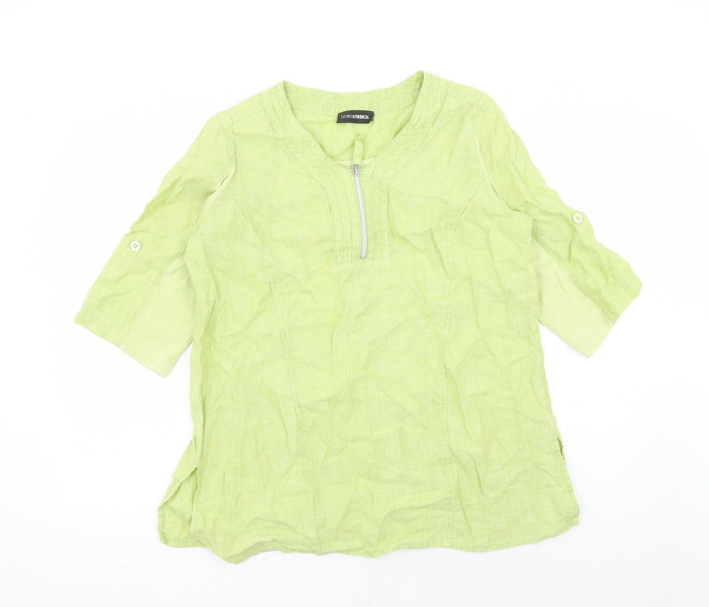 Doris Streich Womens Green Linen Basic Blouse Size 10 V-Neck