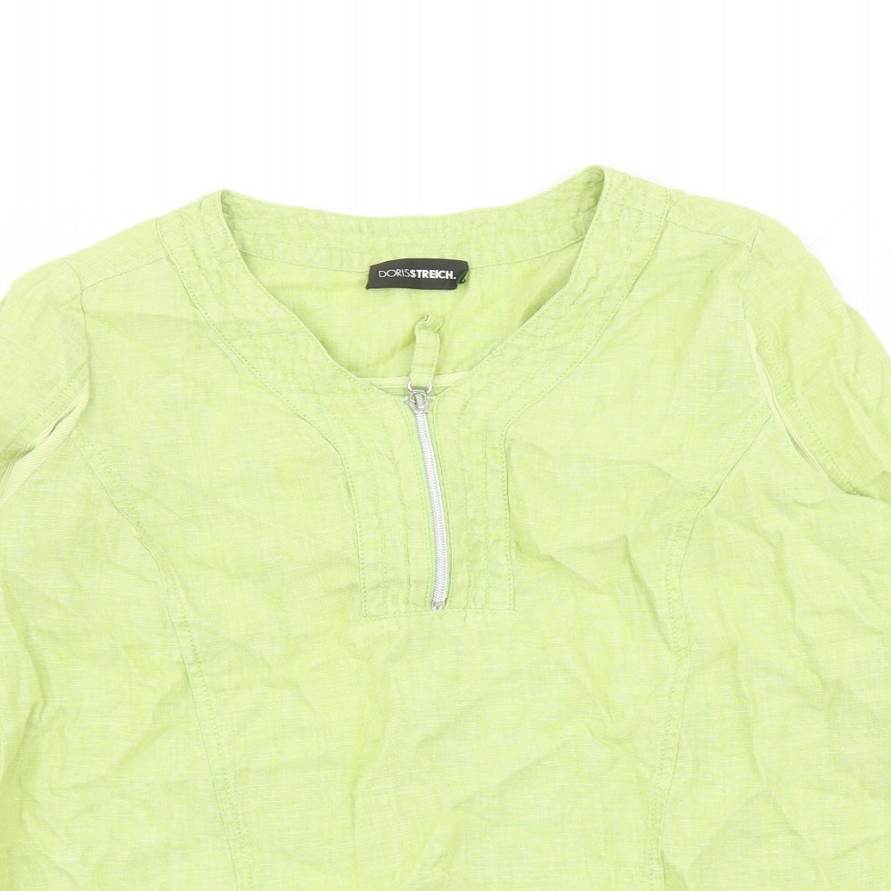 Doris Streich Womens Green Linen Basic Blouse Size 10 V-Neck