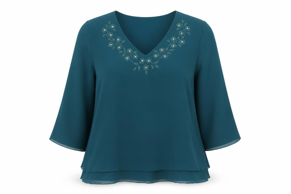 ID Collection Womens Green Polyester Basic Blouse Size 20 V-Neck - Embroidered Flowers Rhinestone Detail
