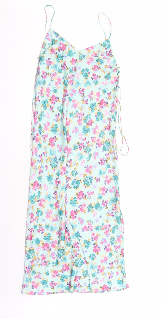 Zara Womens Green Floral Polyester Slip Dress Size S V-Neck Pullover