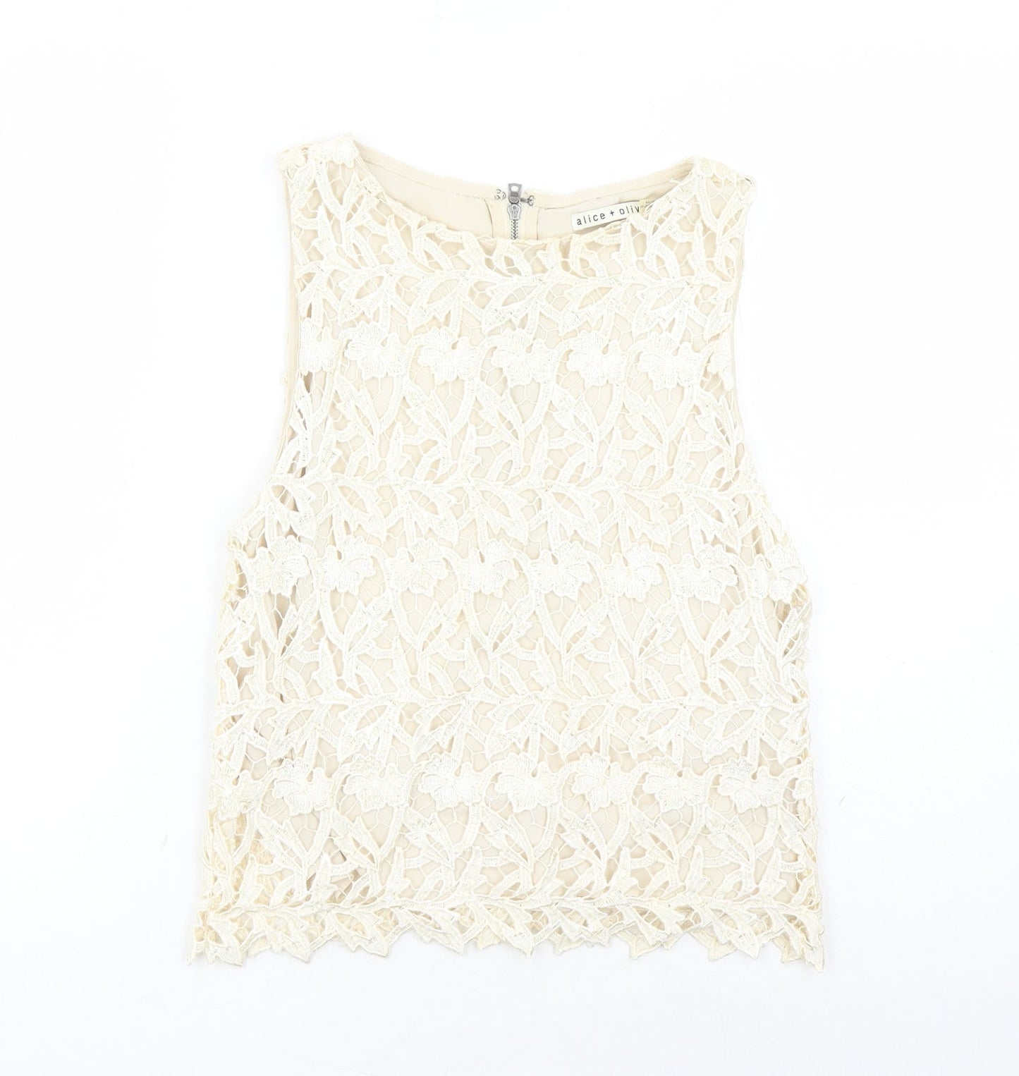 Alice + Olivia Womens Ivory Geometric Polyester Basic T-Shirt Size S Round Neck