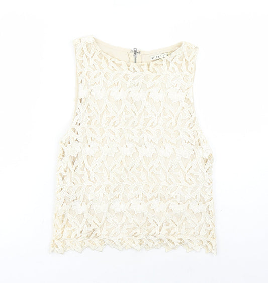 Alice + Olivia Womens Ivory Geometric Polyester Basic T-Shirt Size S Round Neck