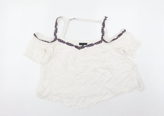 New Look Womens White Viscose Basic Blouse Size 16 V-Neck - Embroidered Detail Cold Shoulder