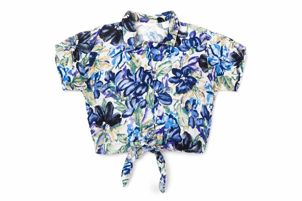 Emellia Womens Blue Floral Viscose Basic Button-Up Size 16 Collared