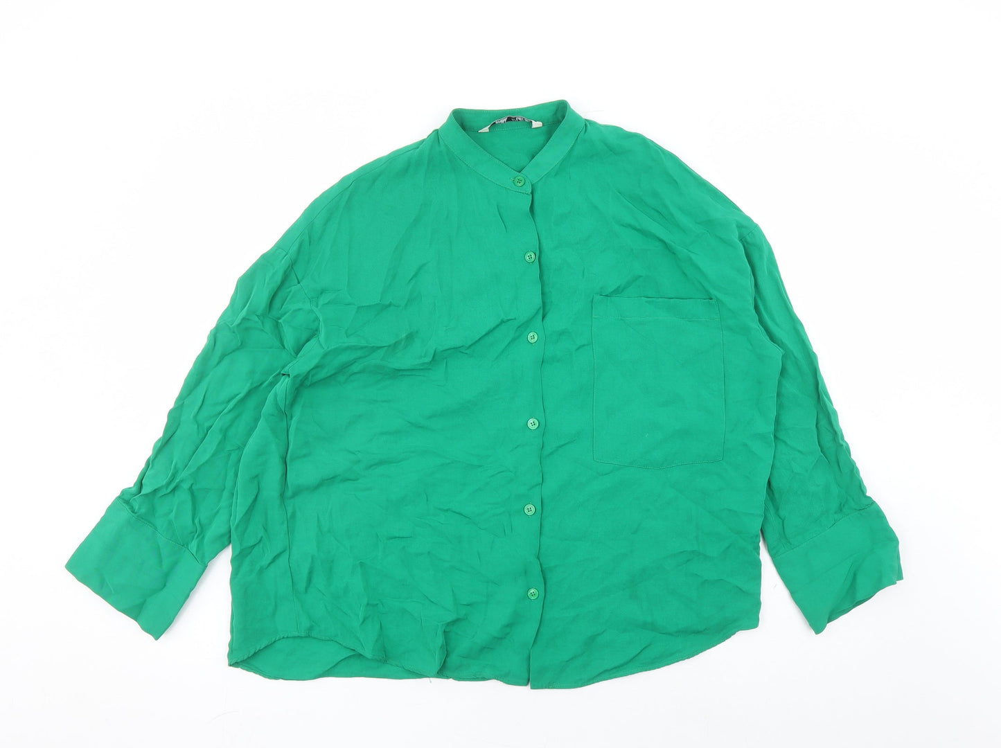 Zara Womens Green Viscose Basic Button-Up Size S Round Neck - over