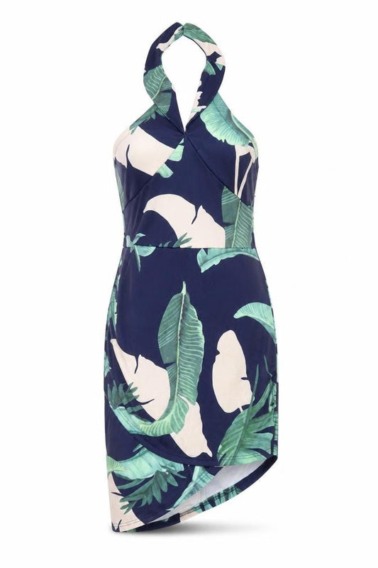 Parisian Womens Blue Geometric Polyester Pencil Dress Size 12 Halter Zip