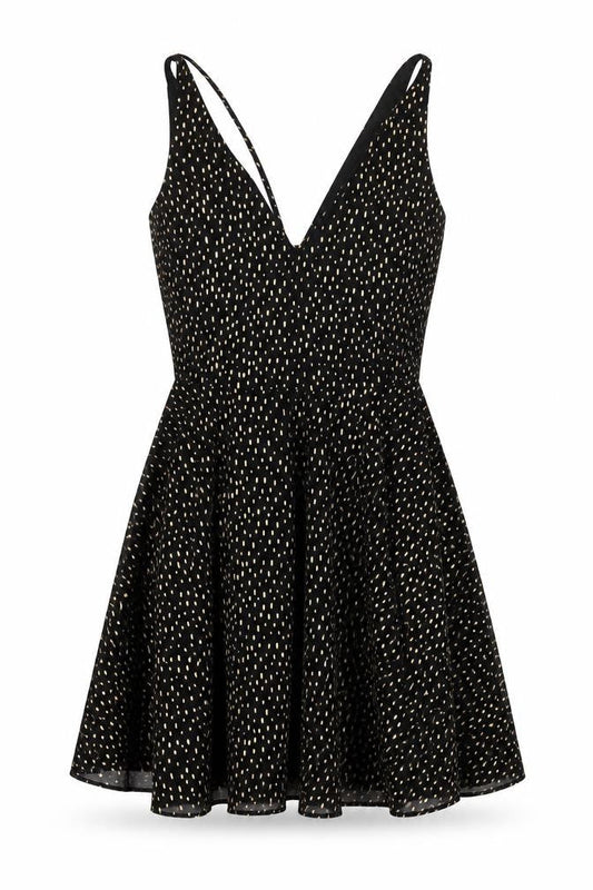 Front view of Miss Selfridge women’s black geometric polyester fit & flare, size UK 6, v-neck zip