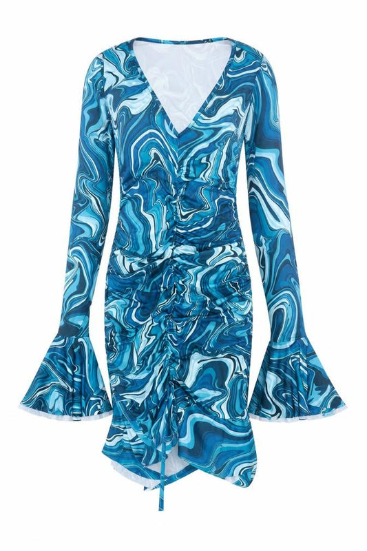PRETTYLITTLETHING Womens Blue Geometric Polyester Bodycon Size 8 V-Neck Pullover