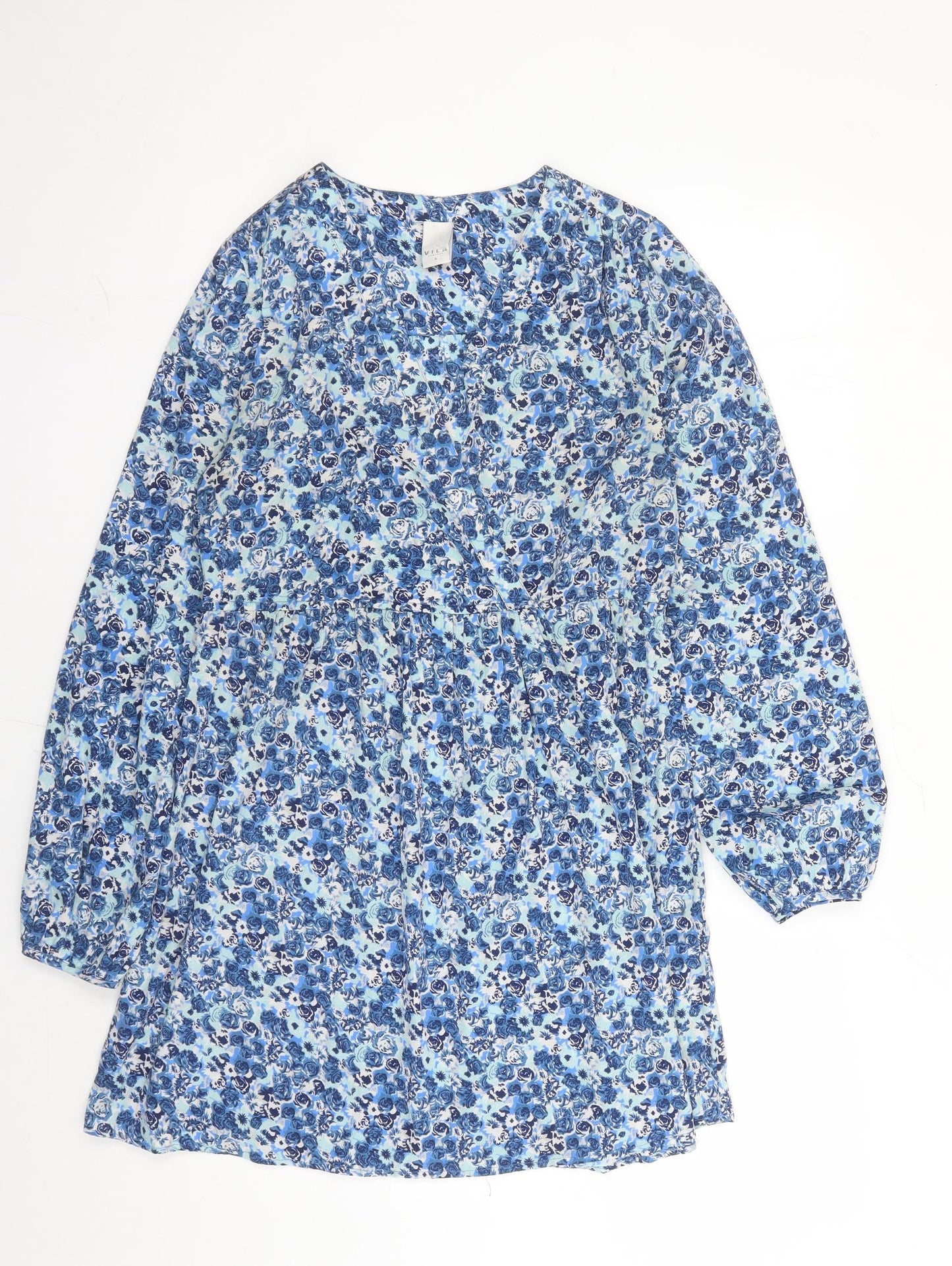VILA Womens Blue Floral Polyester A-Line Size S V-Neck Pullover